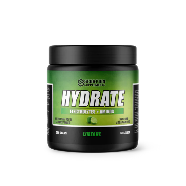Scorpion Supplements Hydrate electrolytes and aminos powder container on a white background